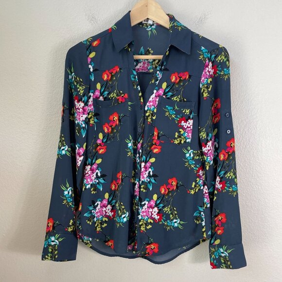 Express Womens XS Floral Button Up Blouse Roll Tab Sleeve Top - Picture 1 of 7
